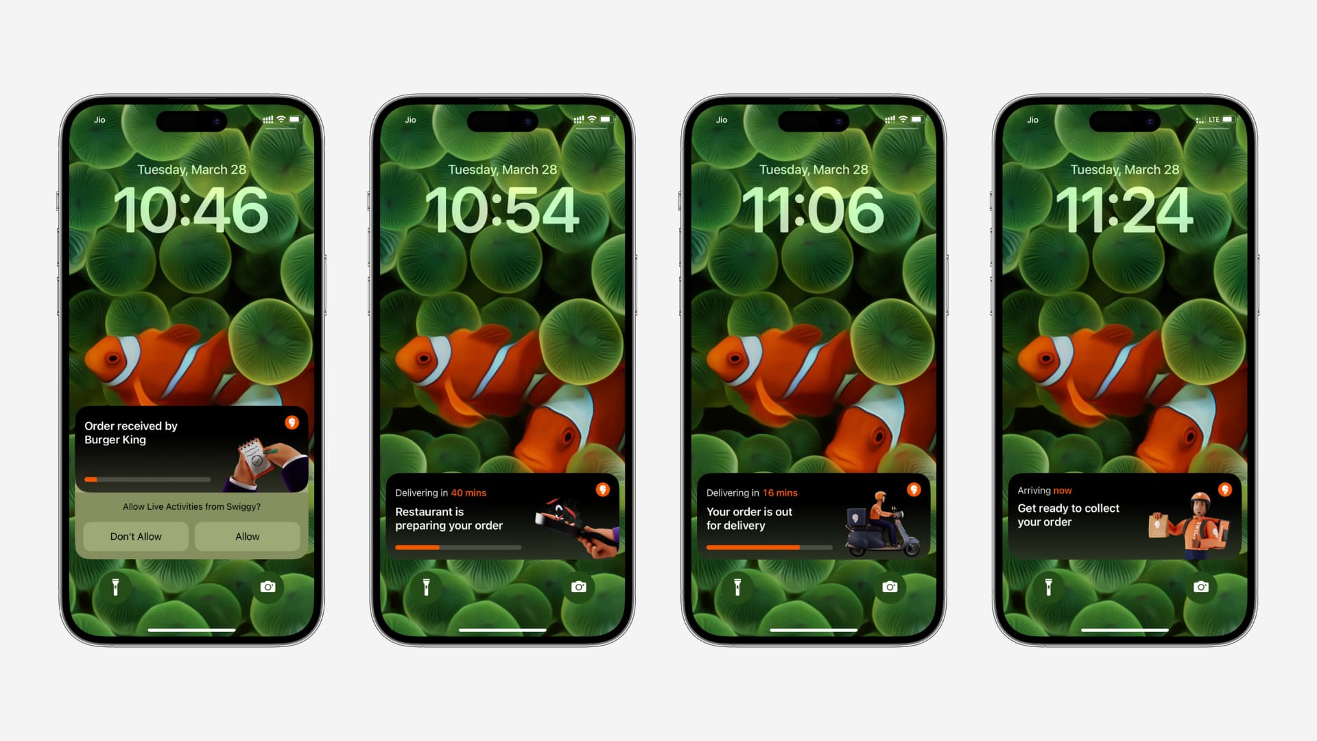 Four iPhone screenshot mockups showing Live Activities in action on the Lock Screen