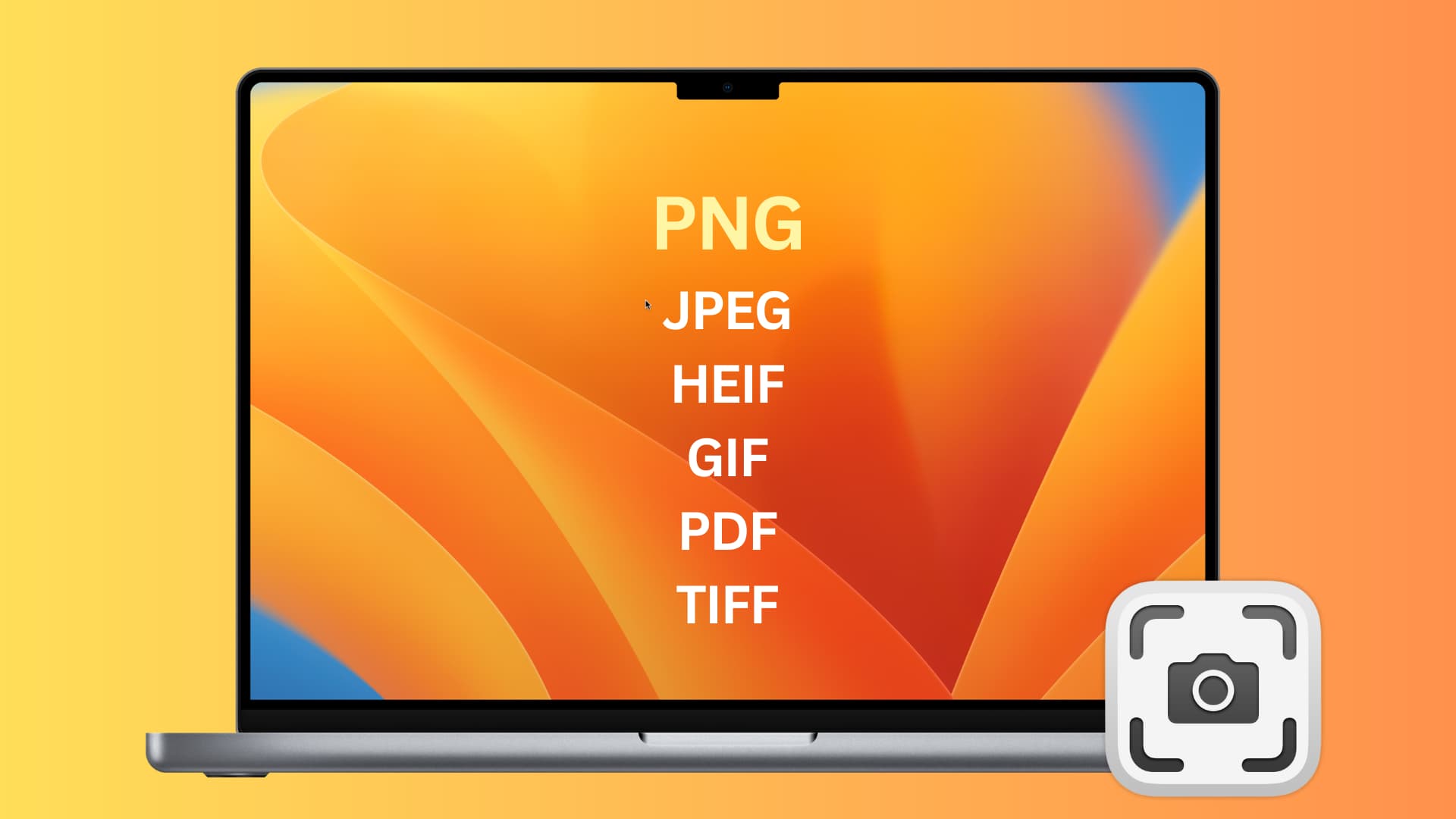 MacBook with PNG, JPEG, HEIF, GIF, PDF, and TIFF written on its screen, signifying various screenshot formats