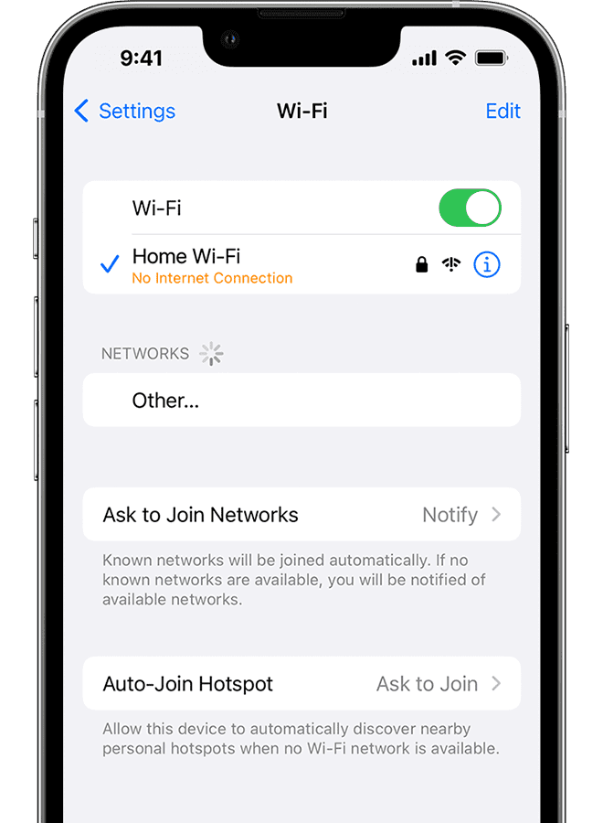 No Internet Connection message in iPhone Wi-Fi settings