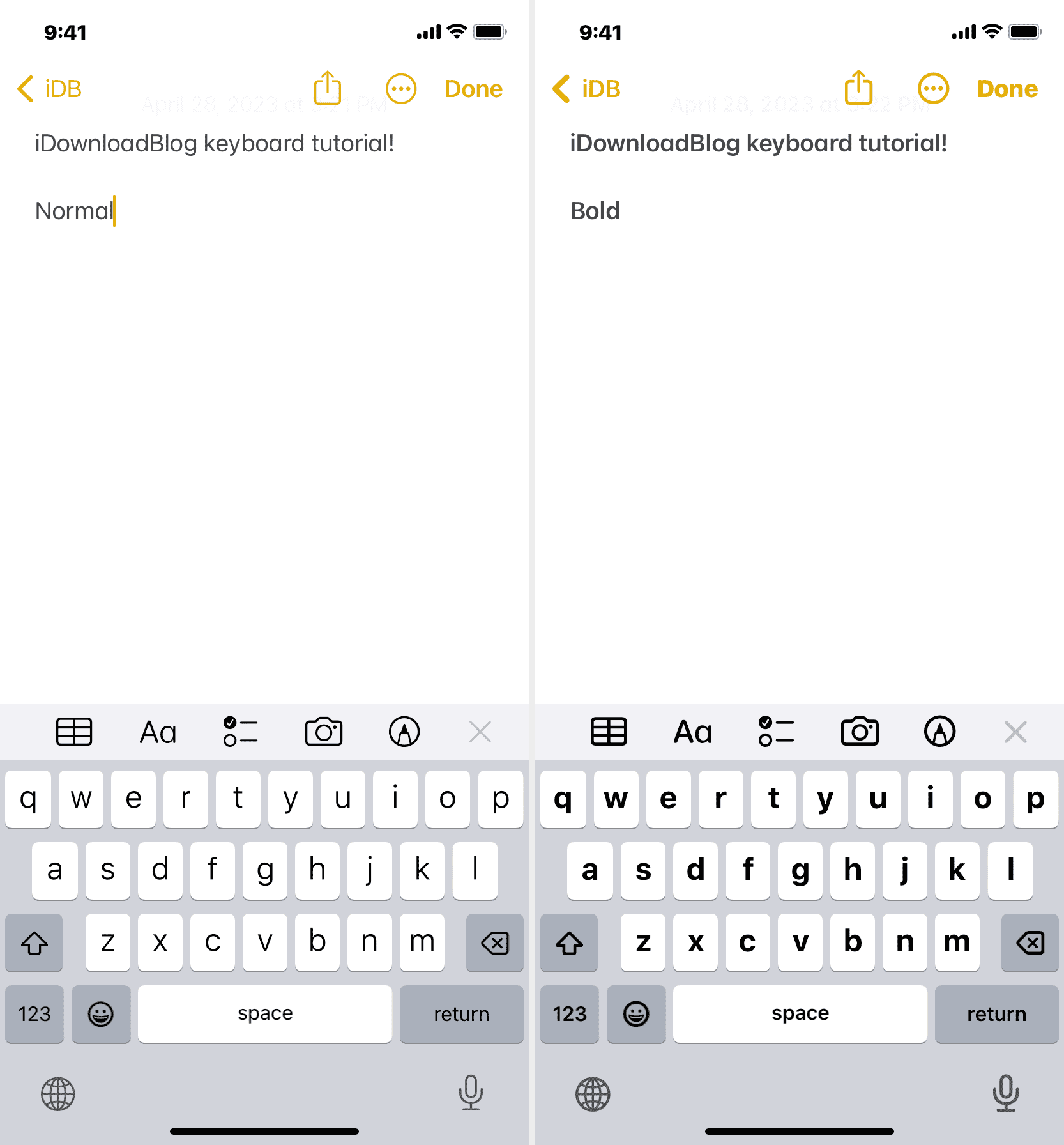 Normal and bold keyboards on iPhone