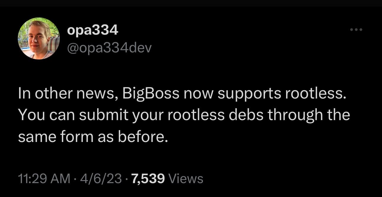 Opa334 announces BigBoss repository begins supporting rootless packages.
