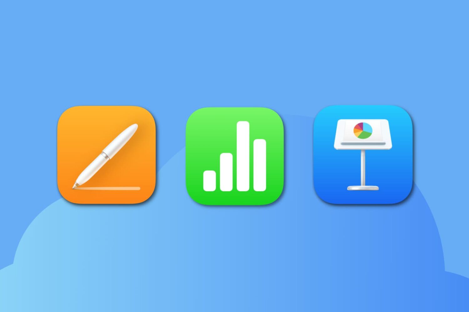 Pages, Numbers, and Keynote app icons