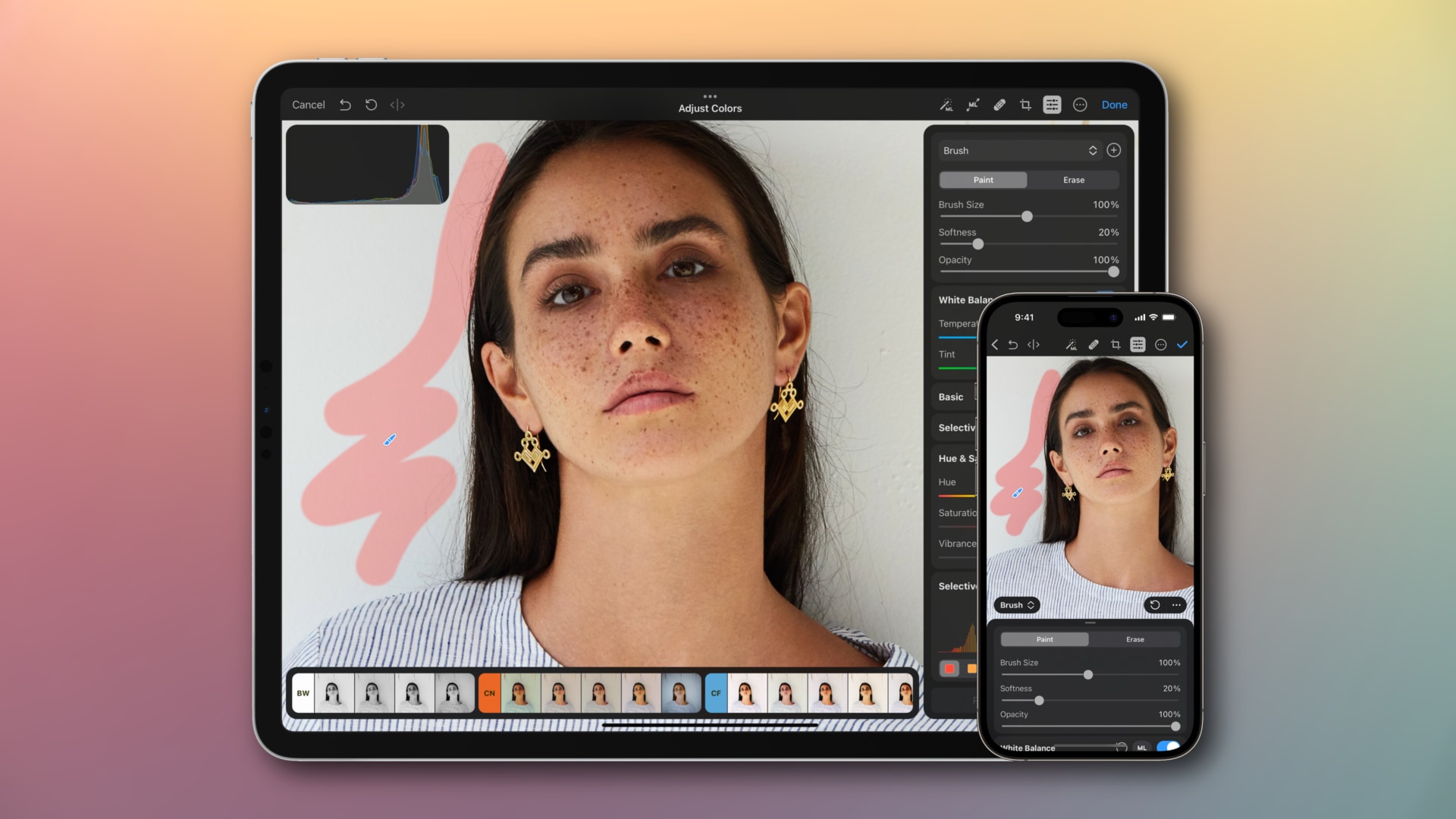 The brush selection feature in Photomator for iPhone and iPad
