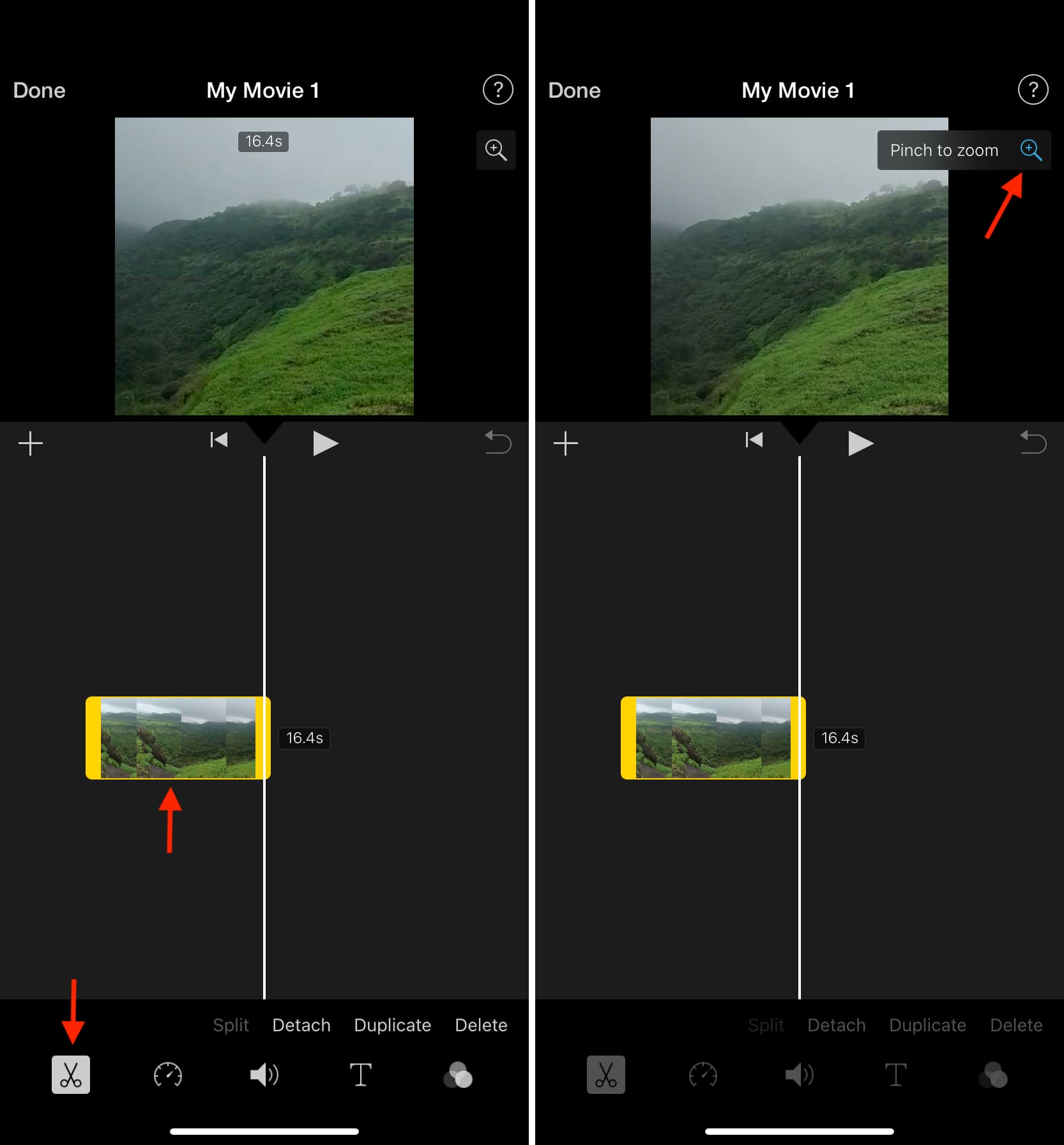 Pinch to zoom in iMovie on iPhone