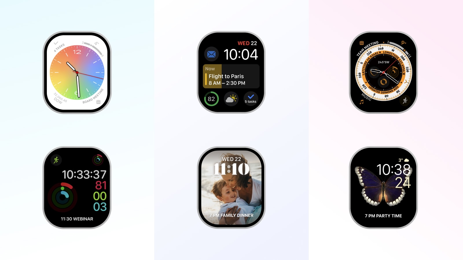 Visual overview of six new Apple Watch faces in Readdle Calendars
