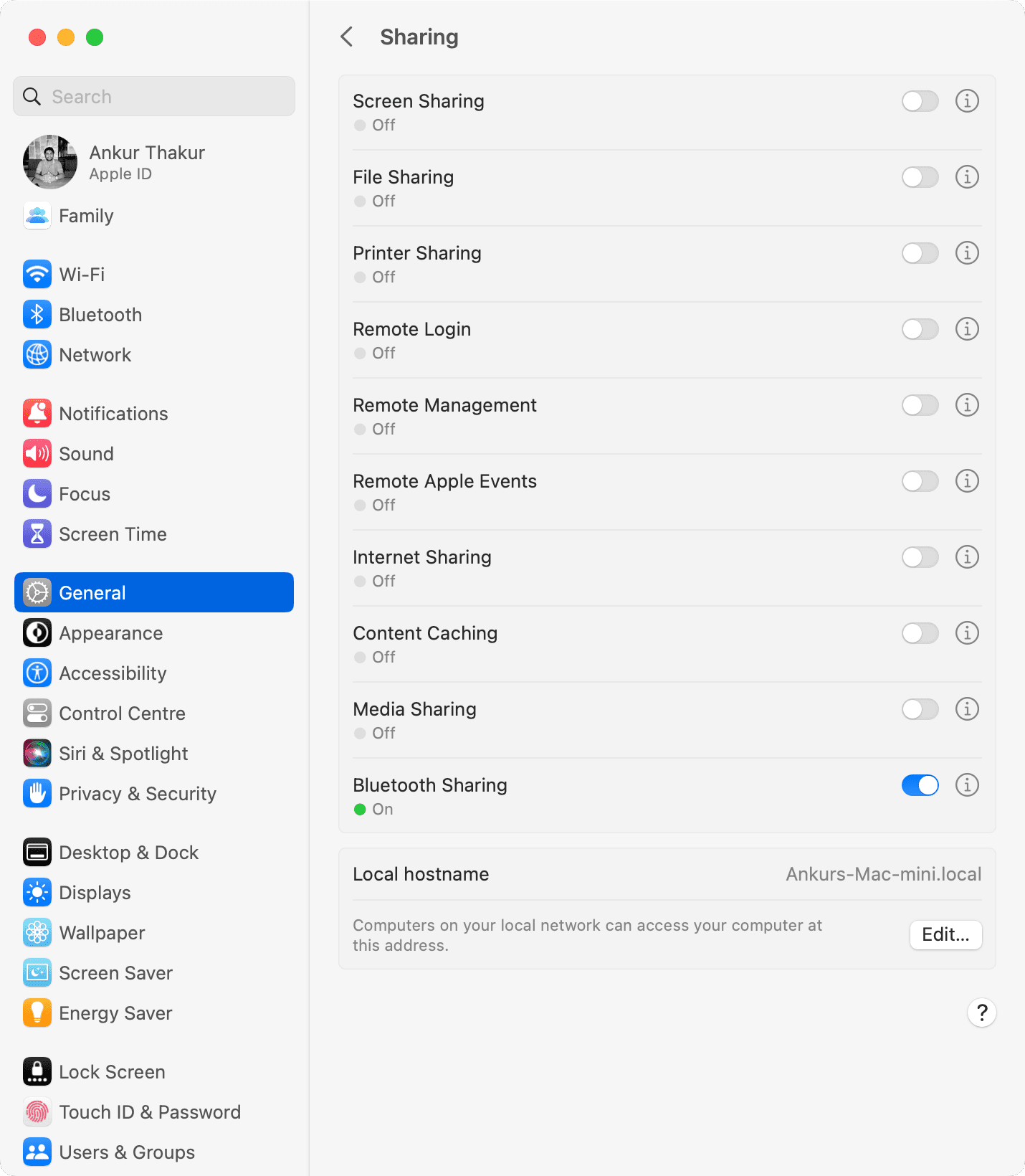 Sharing options in Mac System Settings