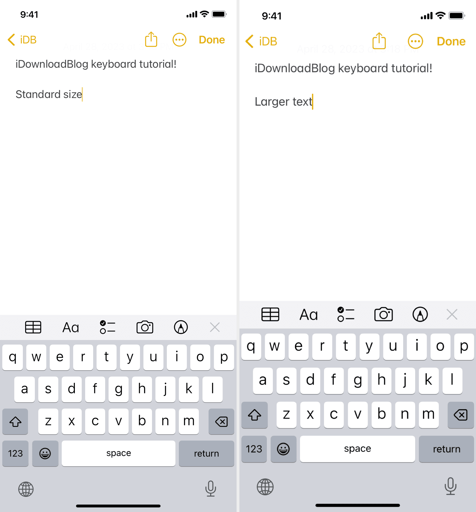 Standard and Larger text keyboards on iPhone