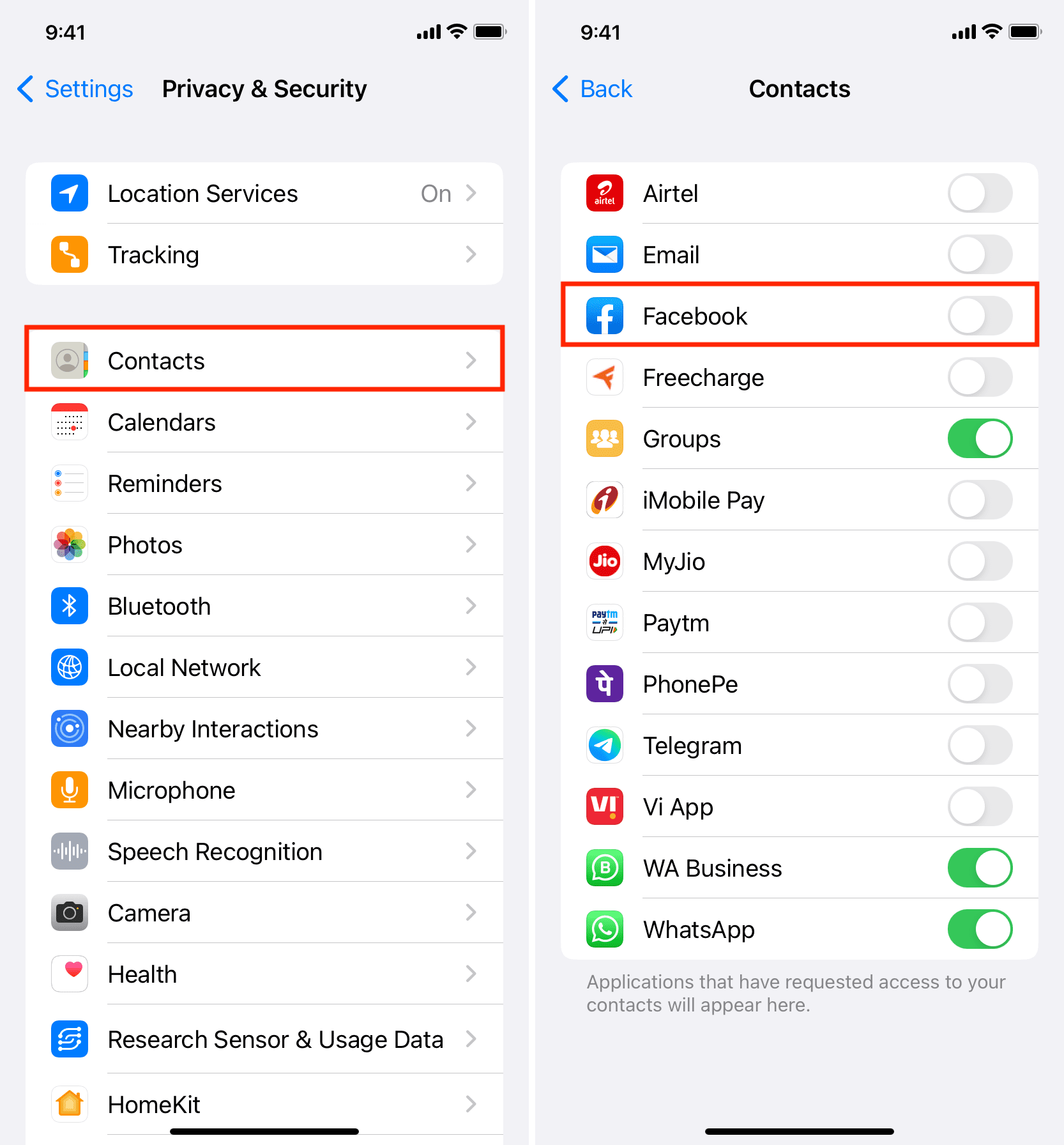 Stop contacts access for Facebook app on iPhone