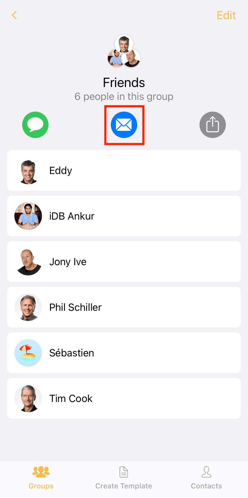 Tab blue Mail button to send group email on iPhone