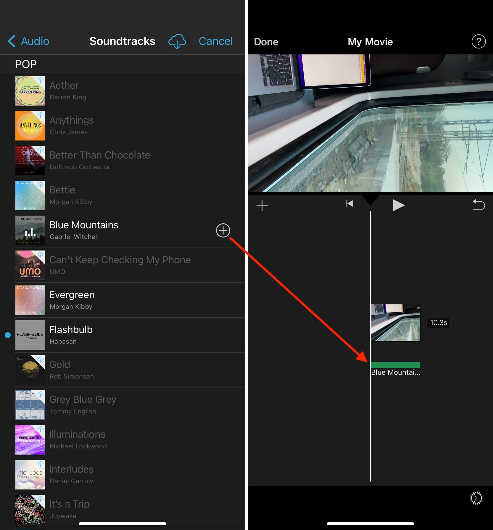 Tap the plus button to add selected music to iMovie on iPhone