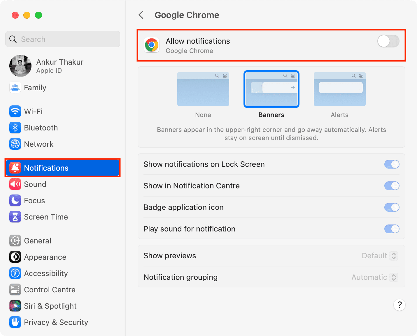 Turn off Google Chrome notifications from Mac System Settings