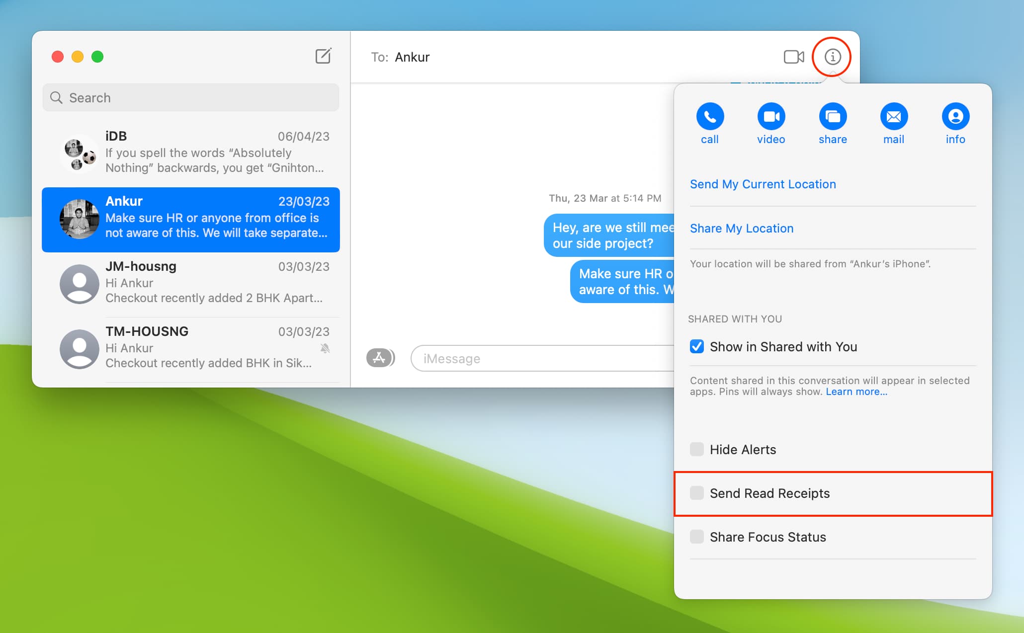 Turn off Send Read Receipts for one person in Mac Messages app