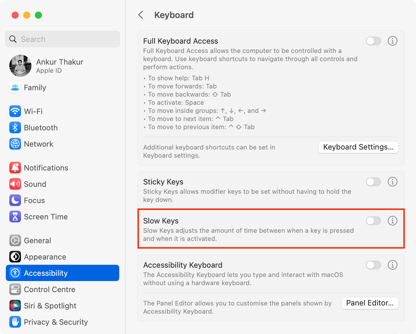 Turn off Slow Keys in Mac Keyboard Accessibility settings