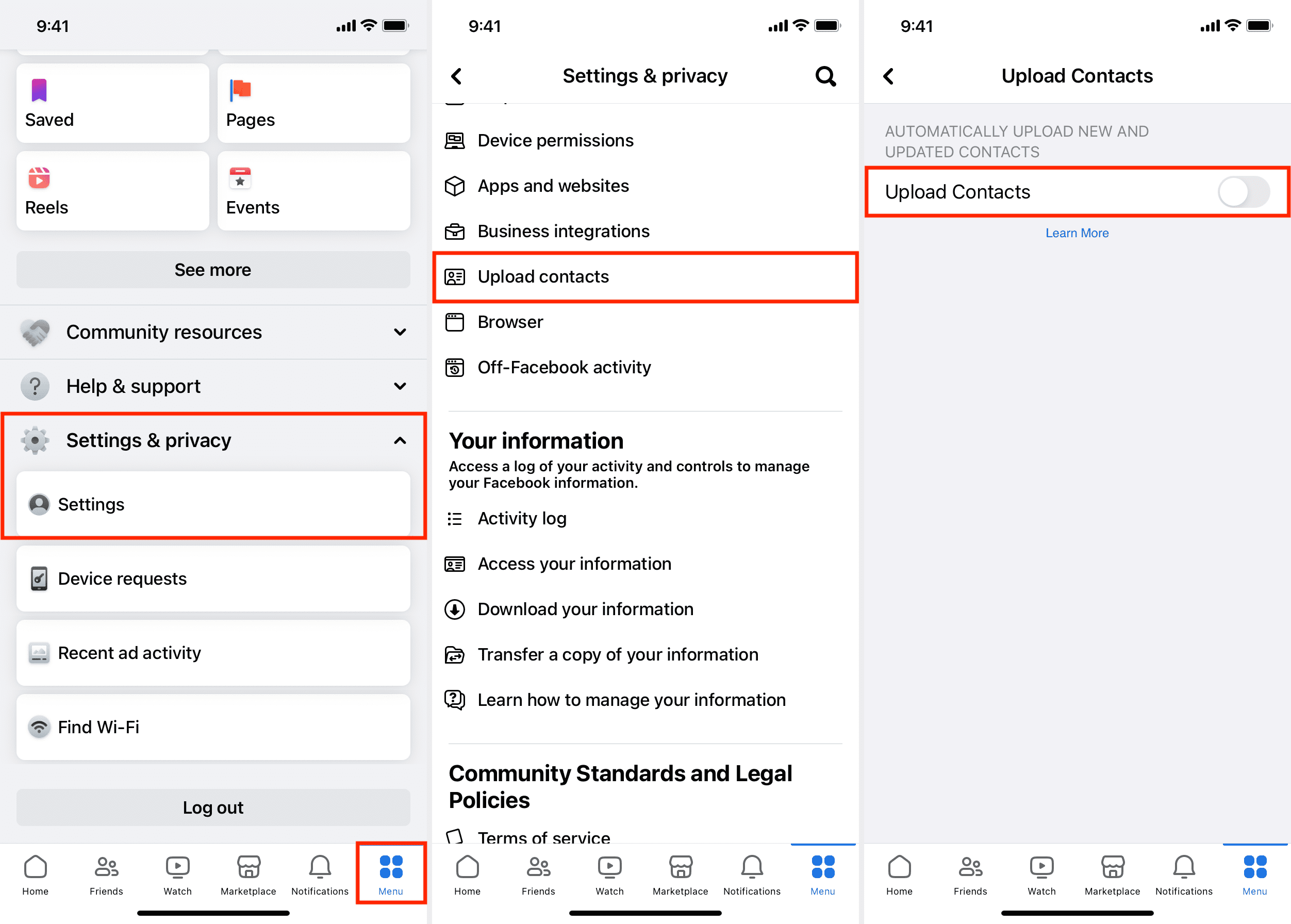 Turn off Upload Contacts for Facebook on iPhone