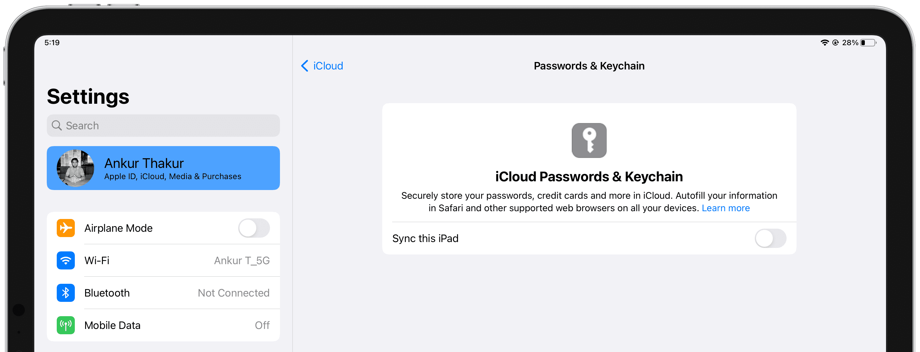 Turn off iCloud Keychain on iPad
