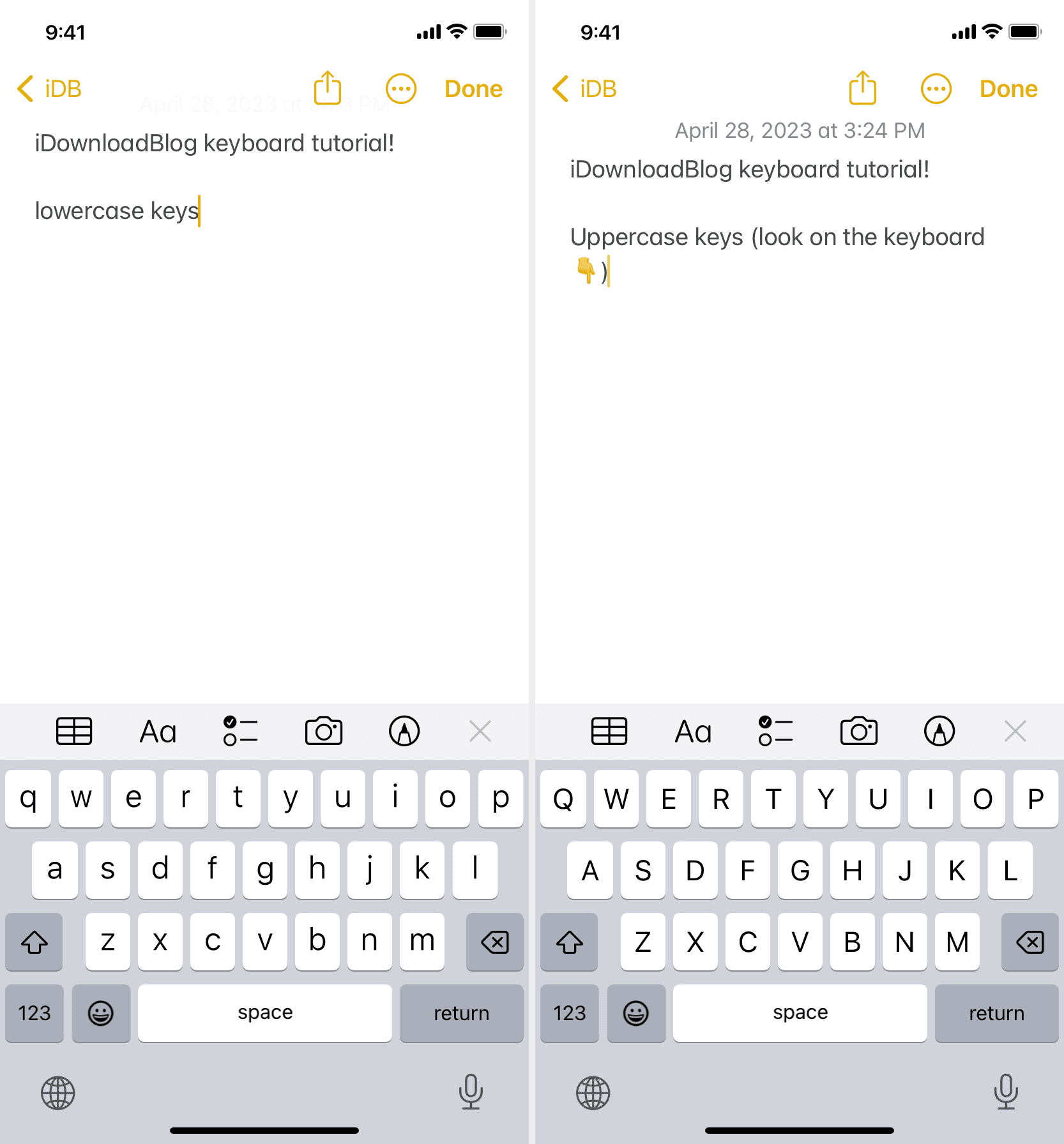 Uppercase keys keyboard on iPhone
