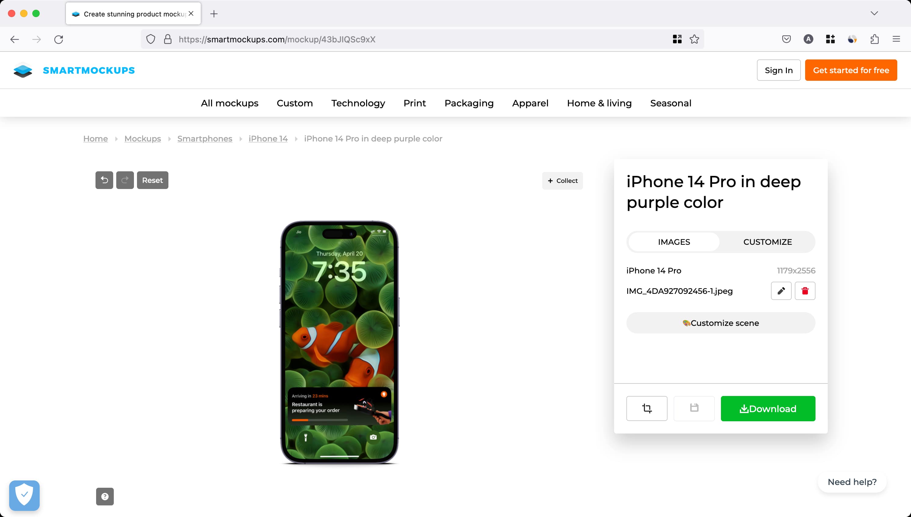 Using Smartmockups website to put iPhone screenshot in a iPhone 14 Pro mockup