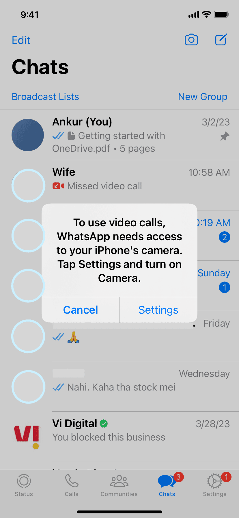 WhatsApp has no access to iPhone camera alert