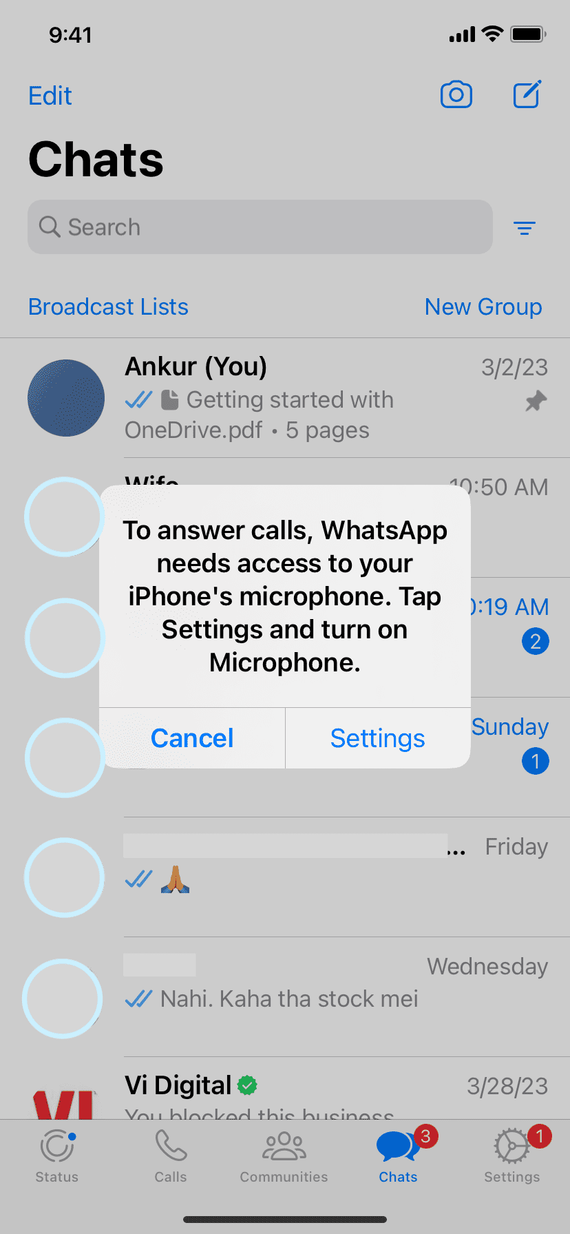 WhatsApp has no access to iPhone microphone, so tap Settings to allow it