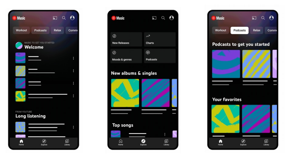 Marketing image showcasing audio podcast support in the YouTube Music app