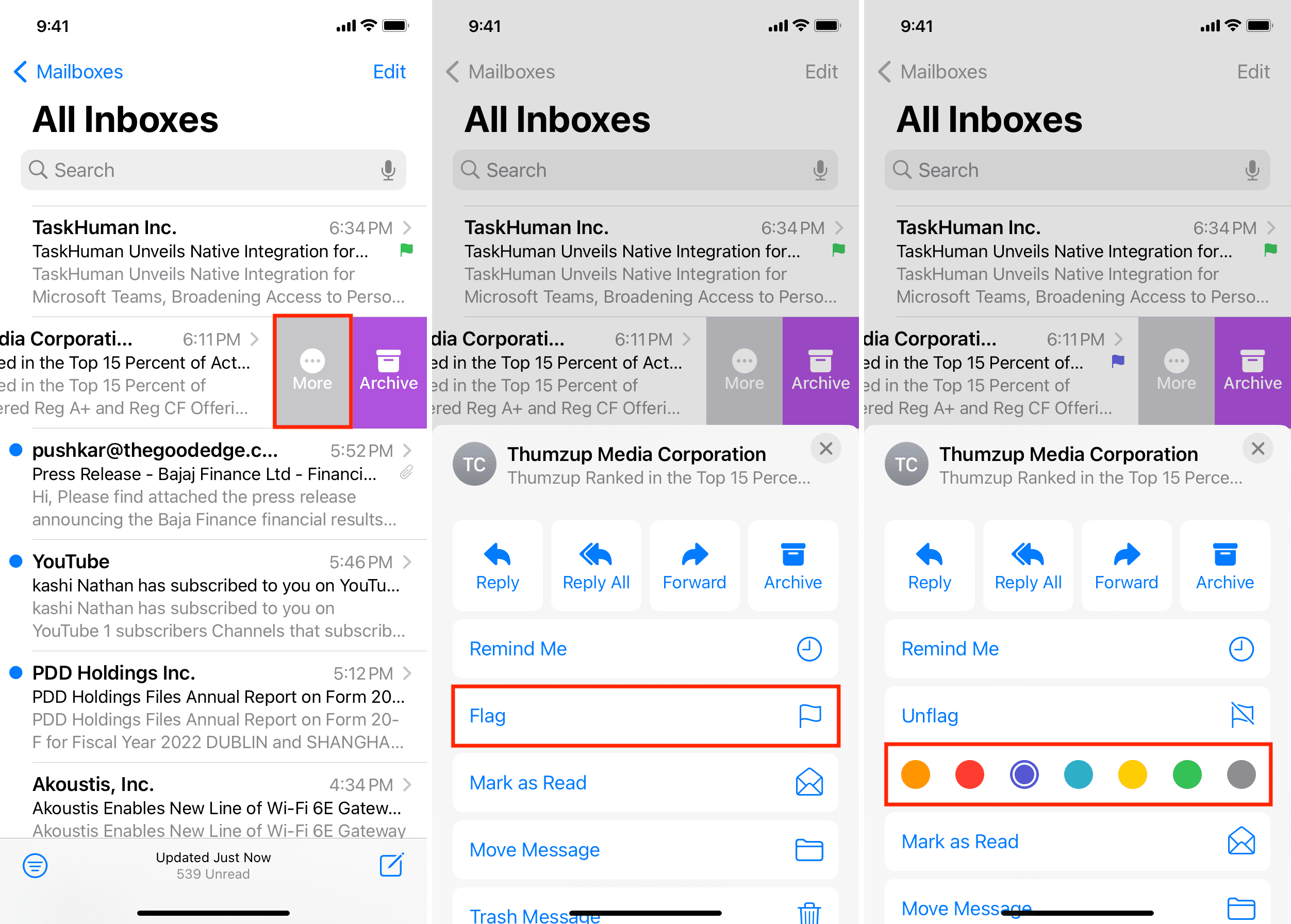 Flag email on iPhone using the More button which is visible after swiping left on an email