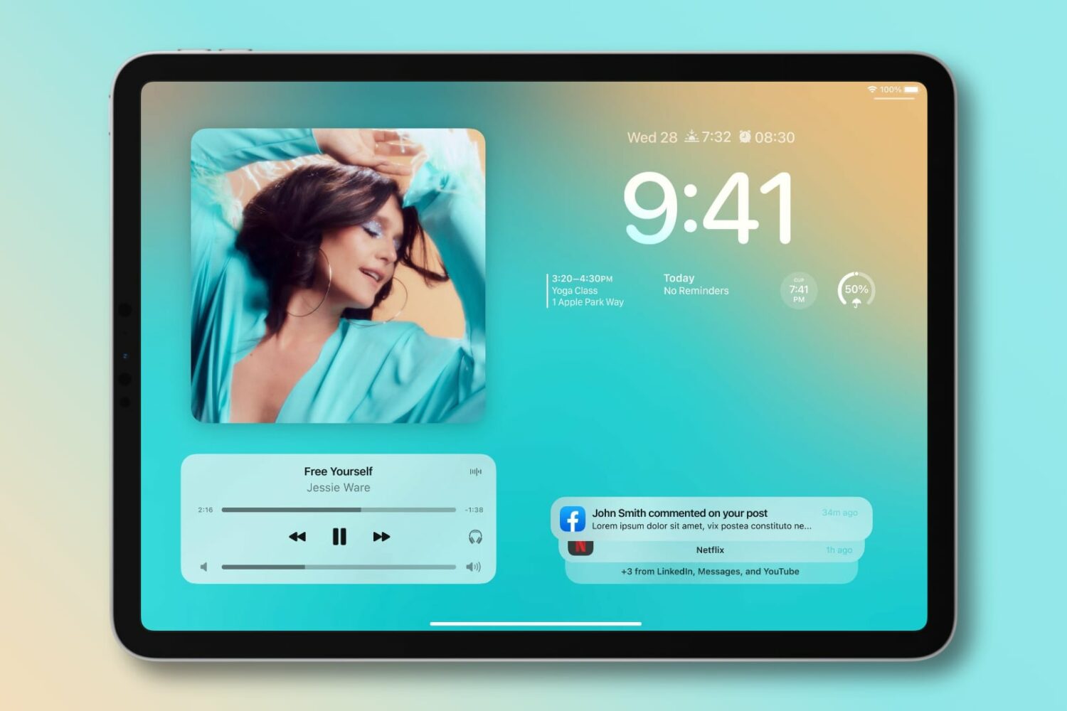 Concept artwork imagining an iPhone-like Lock Screen design on iPad with a 2-column layout