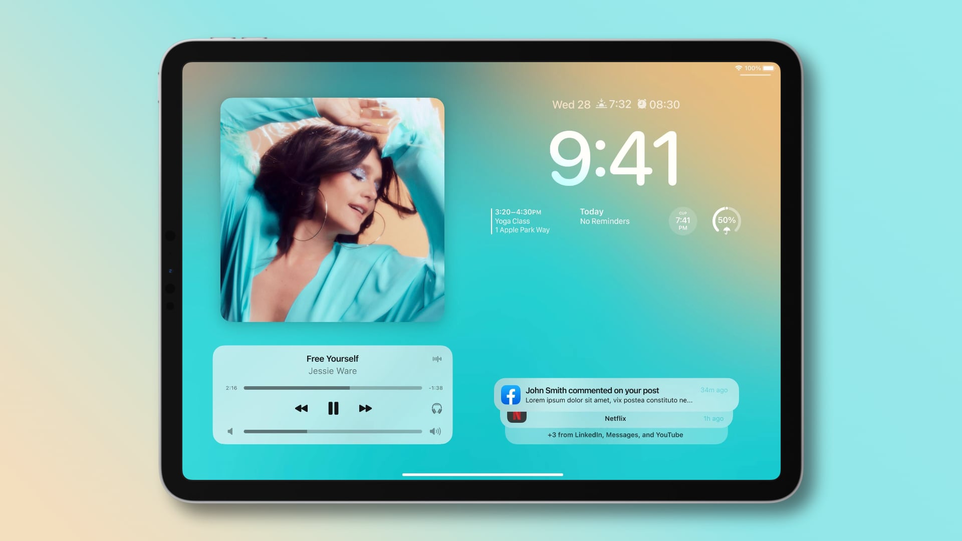 Concept artwork imagining an iPhone-like Lock Screen design on iPad with a 2-column layout
