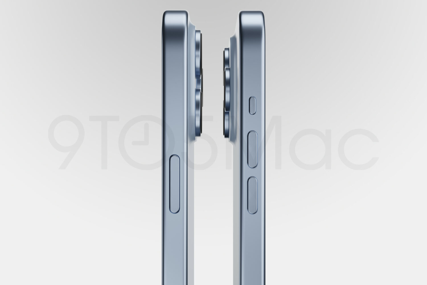 Rendering showing the side views of the iPhone 15 Pro with mechanical power, volume and mute buttons