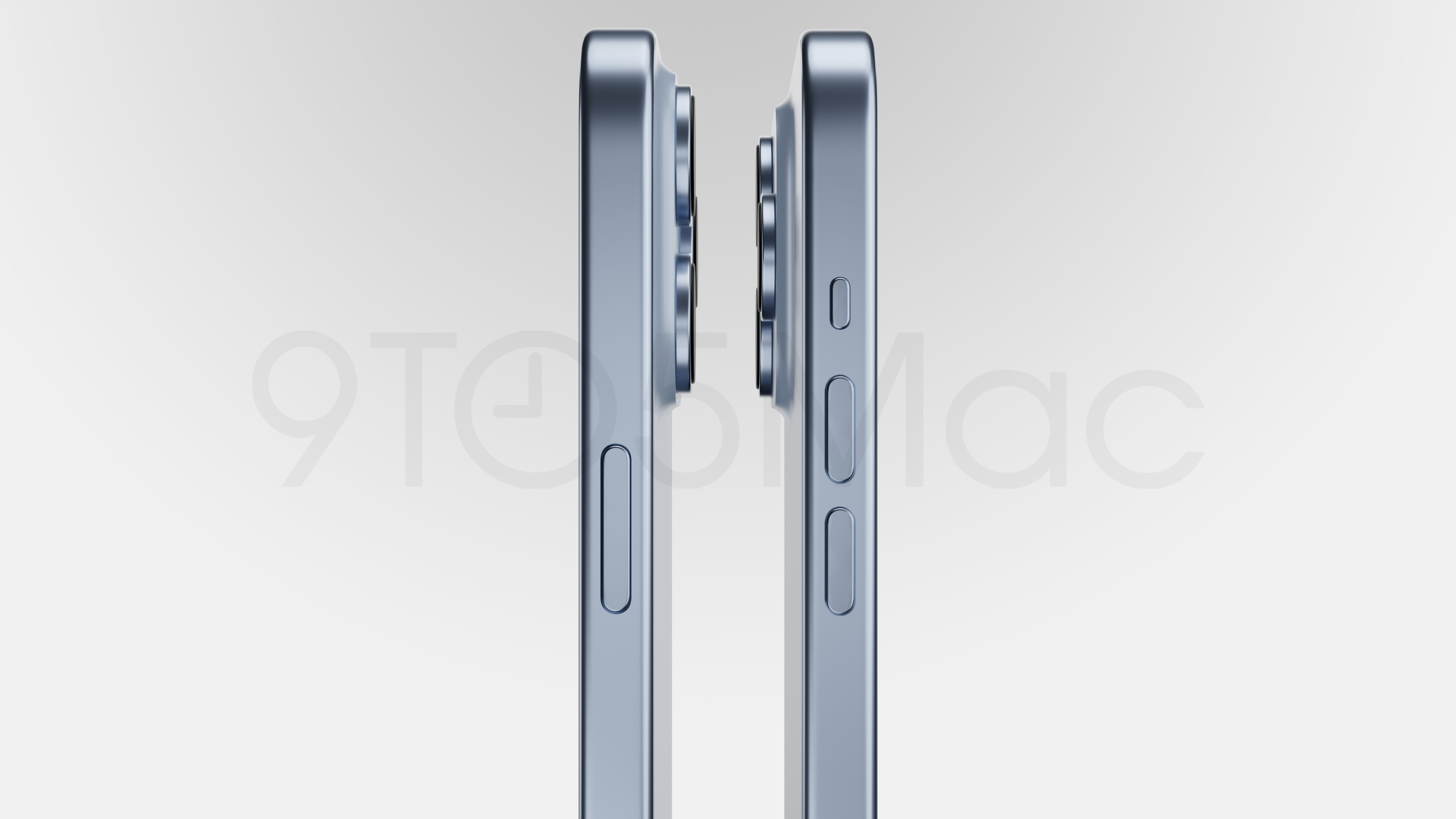 Rendering showing the side views of the iPhone 15 Pro with mechanical power, volume and mute buttons