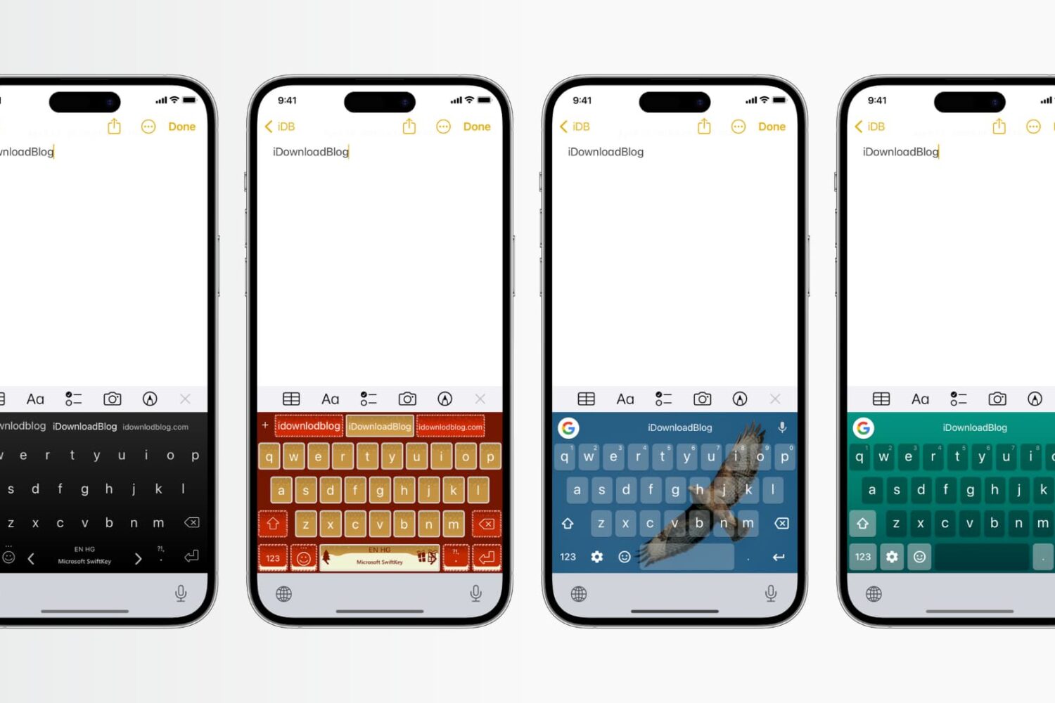 Four iPhone mockups showing keyboards of various colors, themes, and backgrounds