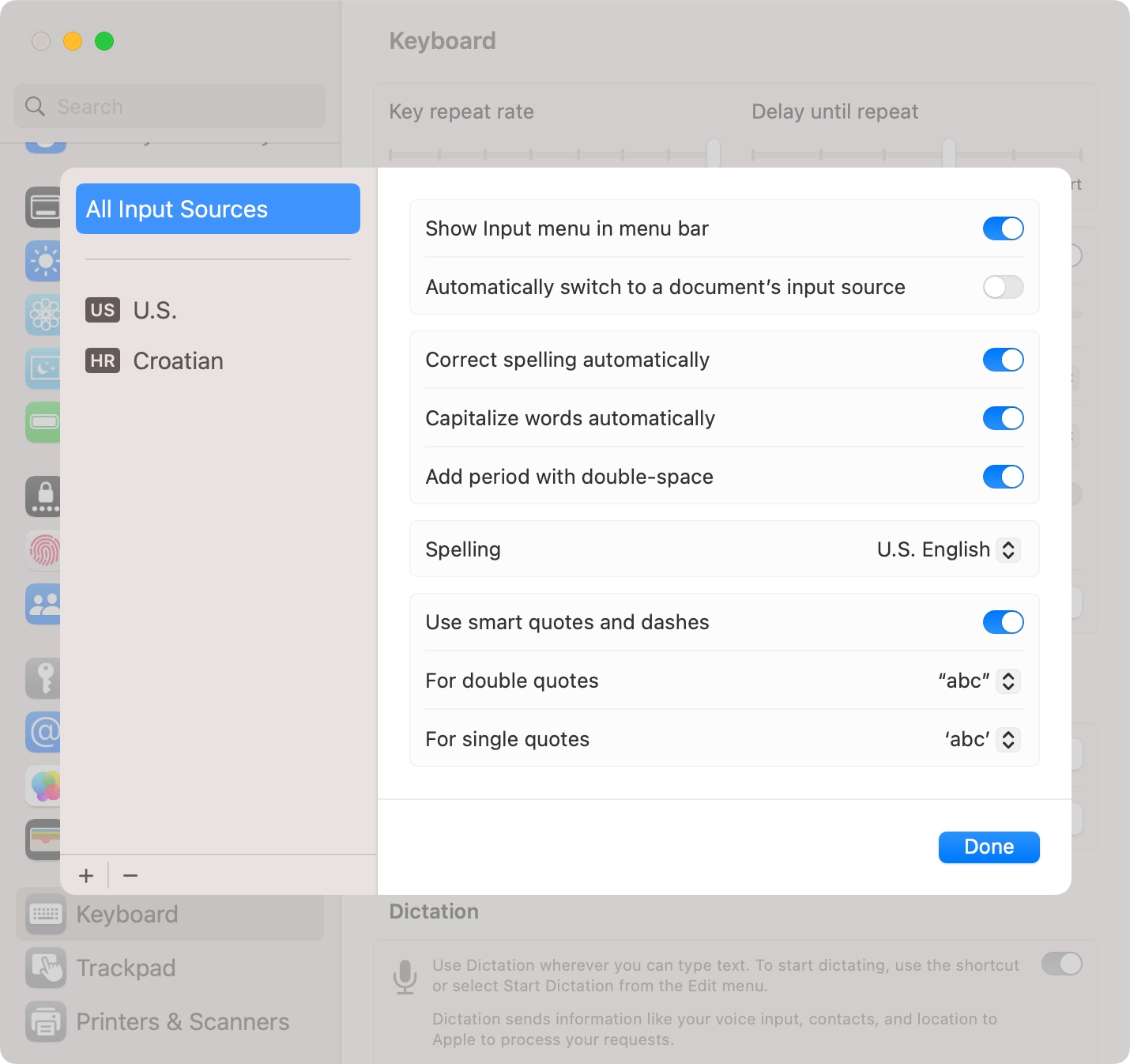 The spelling features and other Input Sources settings in macOS System Settings
