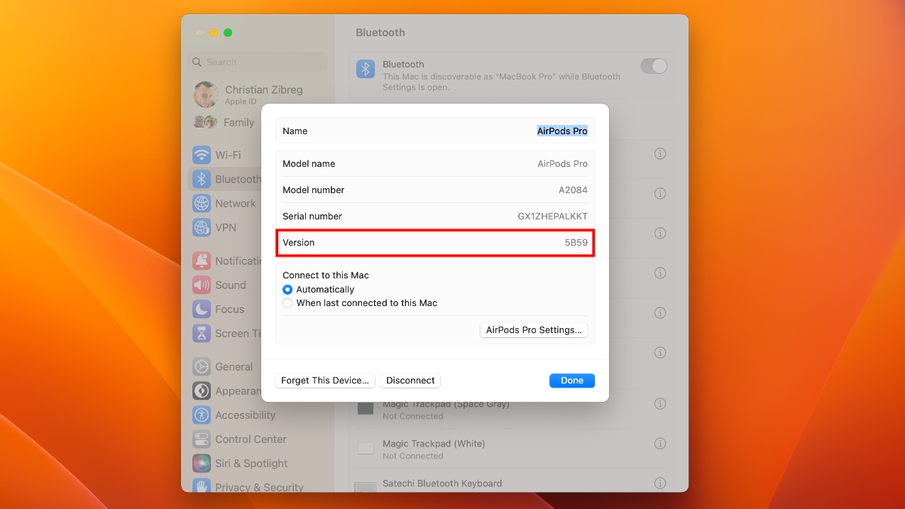 System Settings in macOS Ventura displaying the current AirPods firmware number