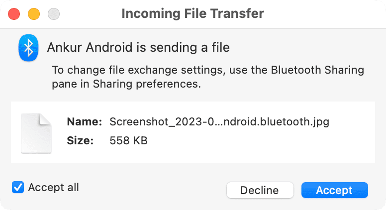 Accept, Decline, and Accept all options for Bluetooth incoming file sharing on Mac