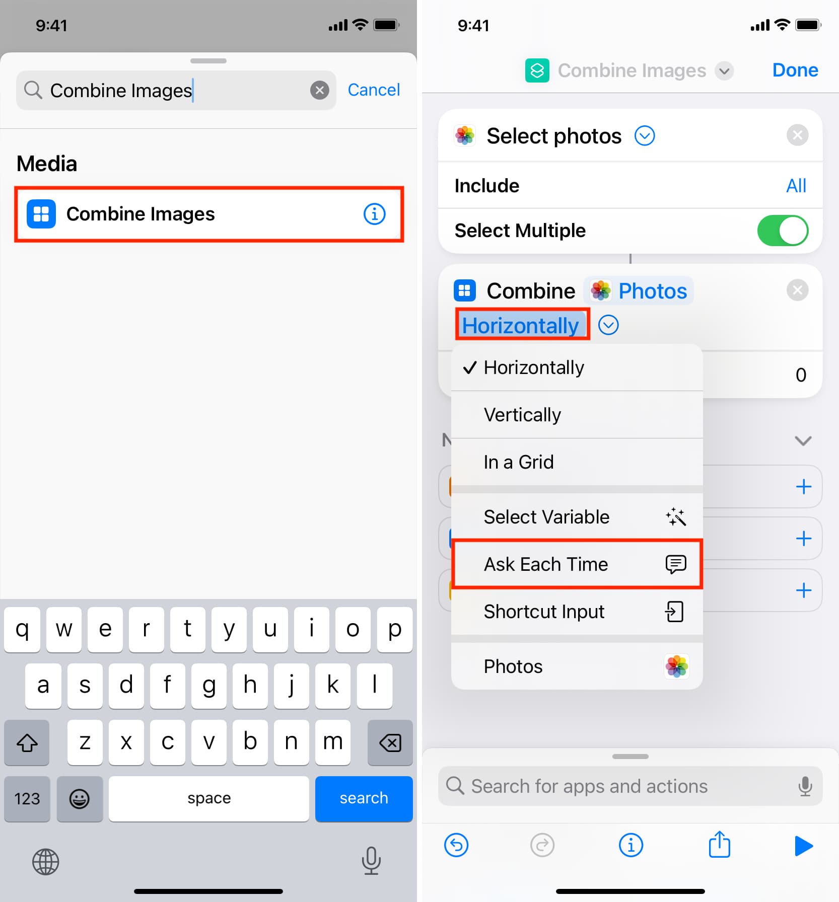 Add Combine Images action to iOS shortcut