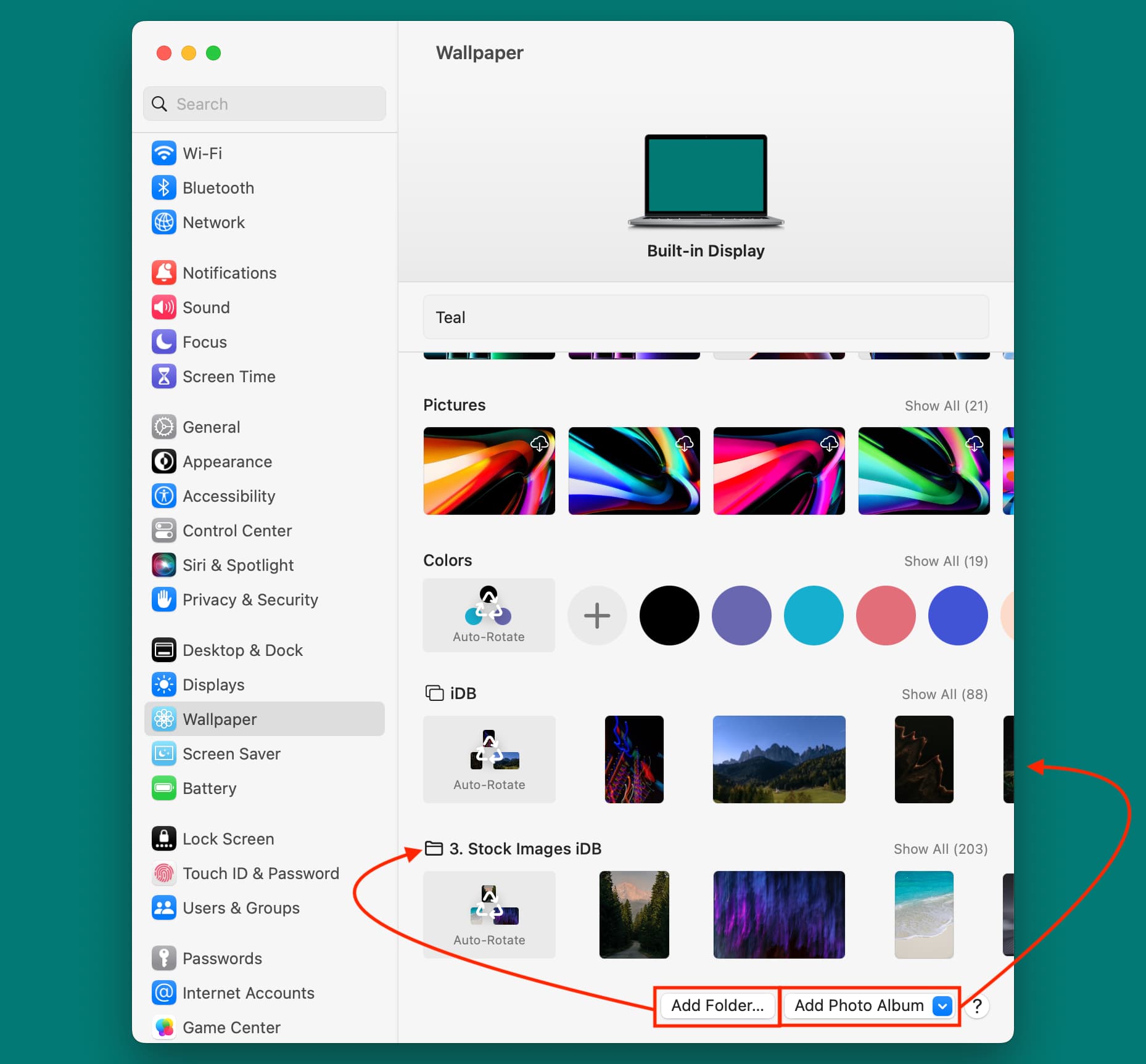 Add Folder and Add Photo Album to Mac Wallpaper screen