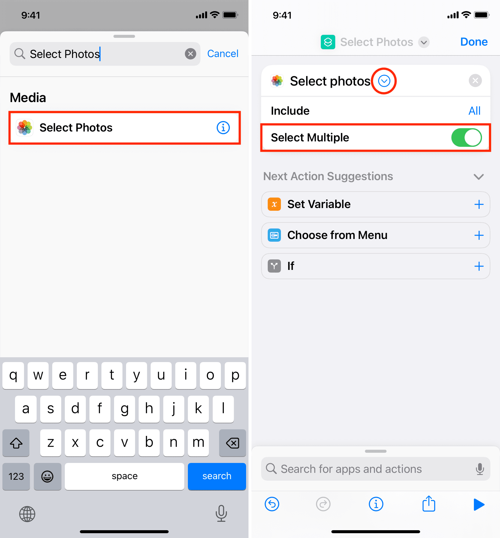 Add Select Photos action to iOS shortcut