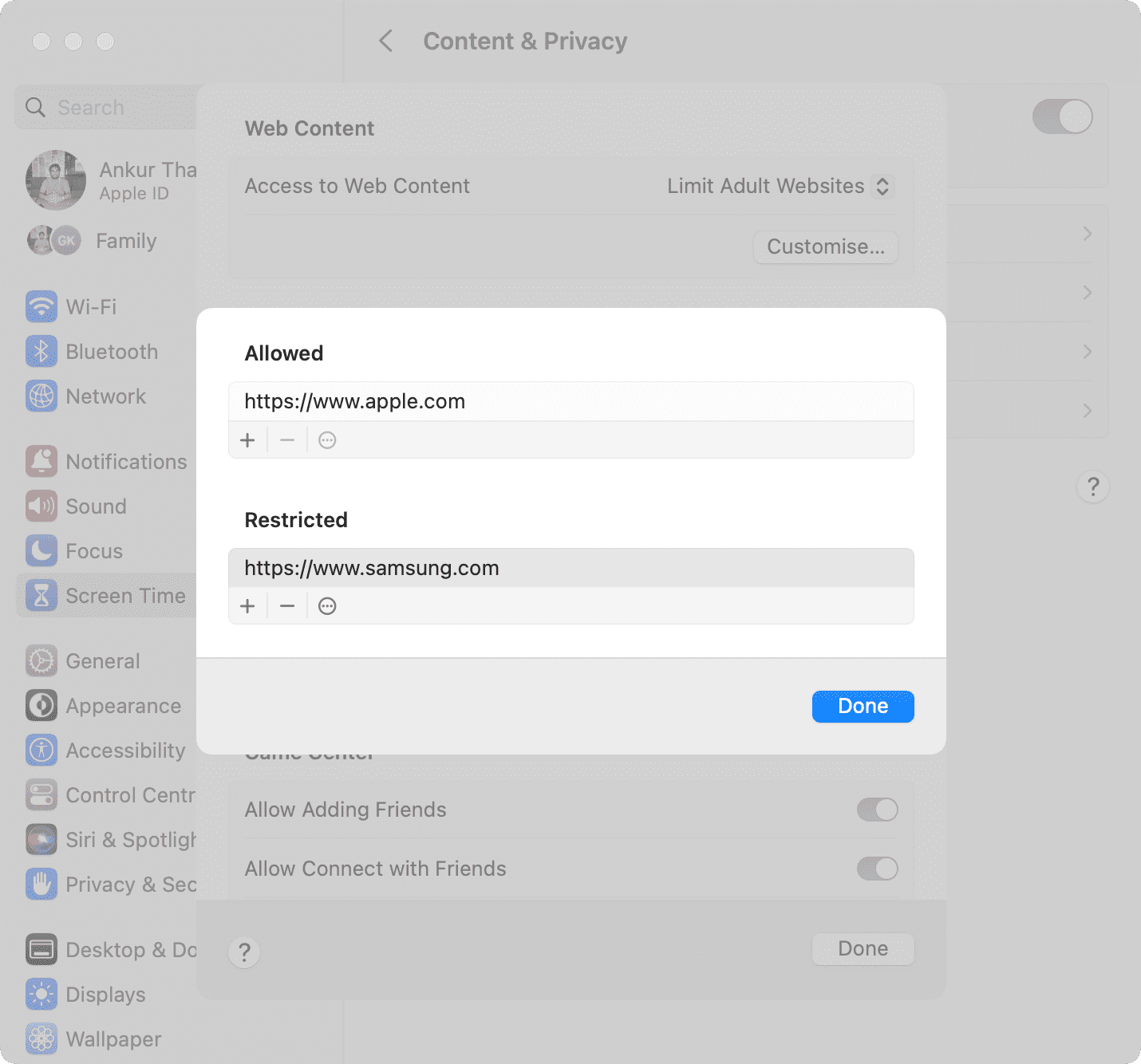 Add allowed and restricted websites in Mac Screen Time settings