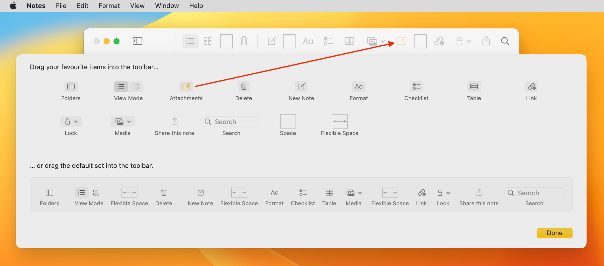 Add Show Attachments button to the Notes app toolbar on Mac