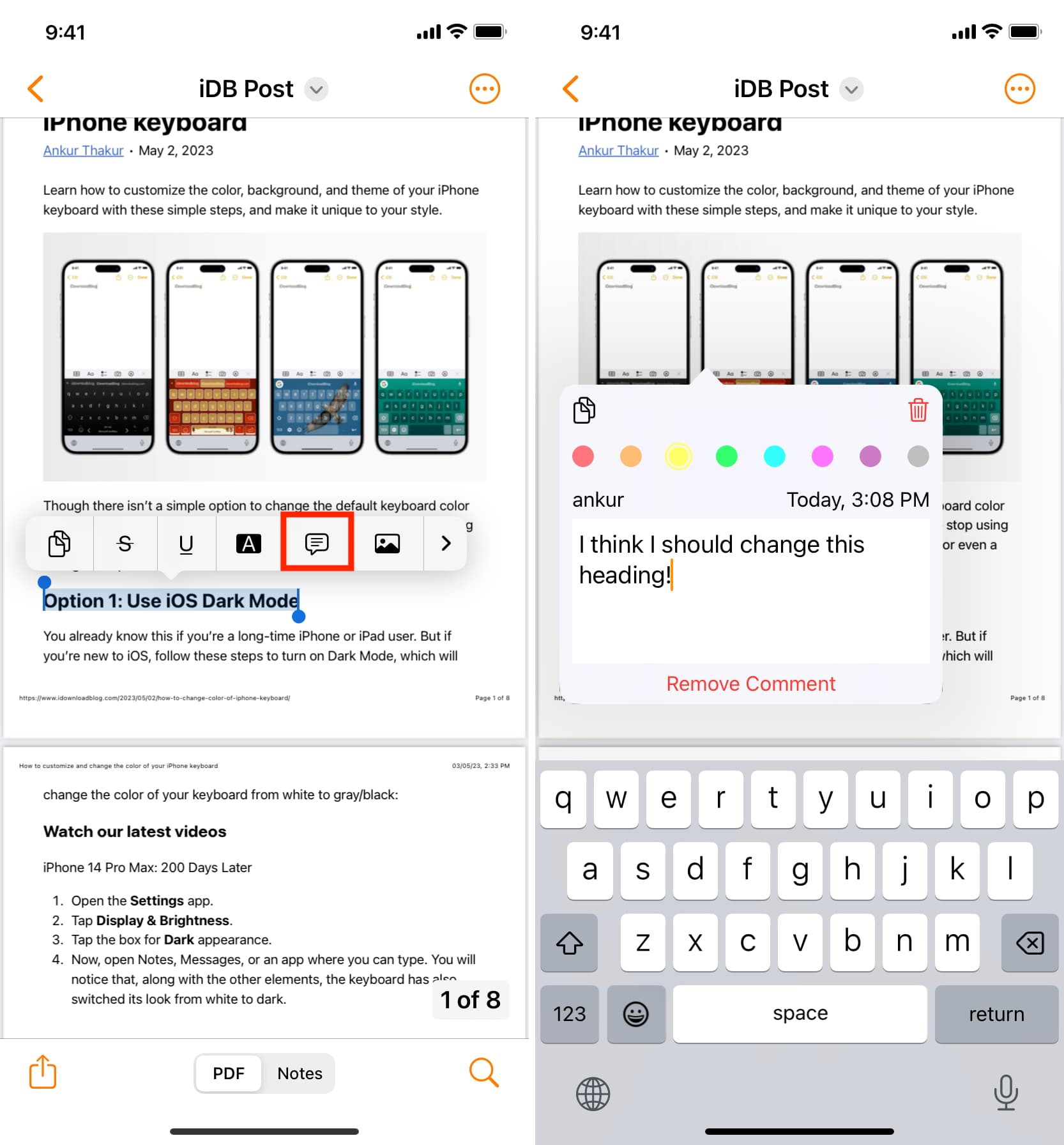 Add note to PDF on iPhone