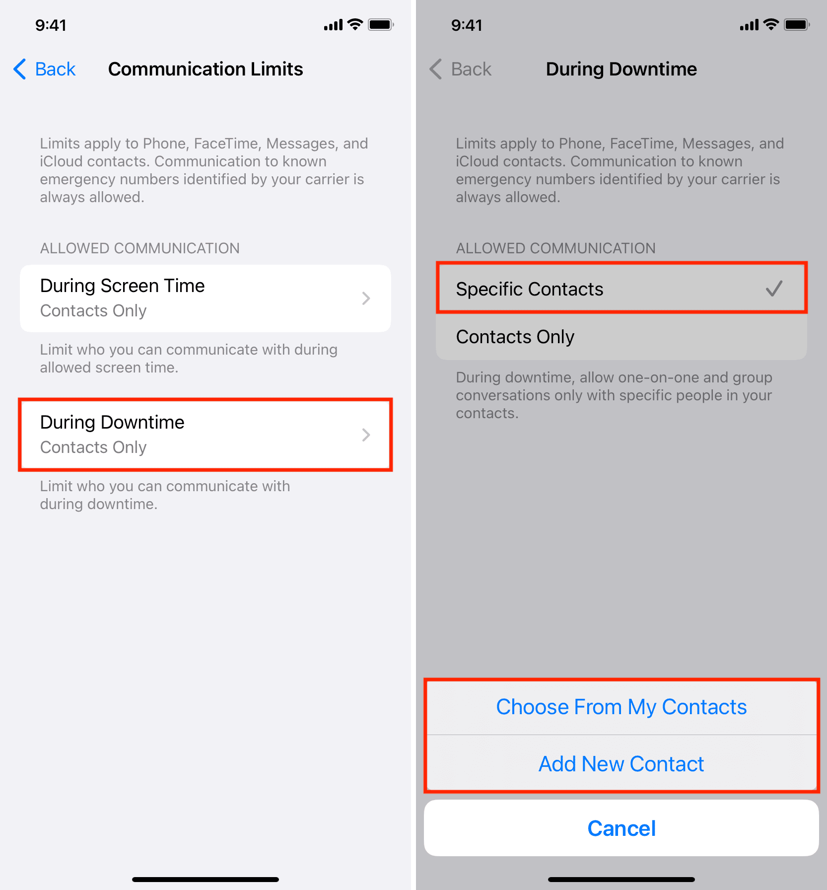 Add specific contacts for During Downtime communication limits on iPhone