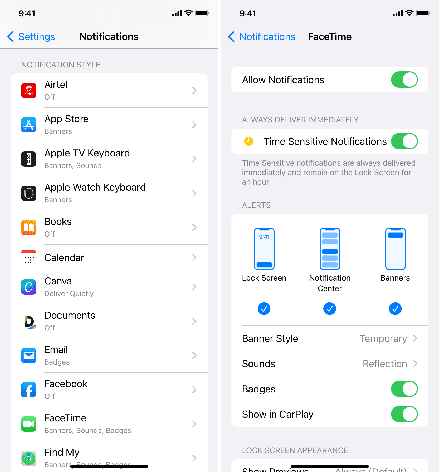 App notification in iPhone settings