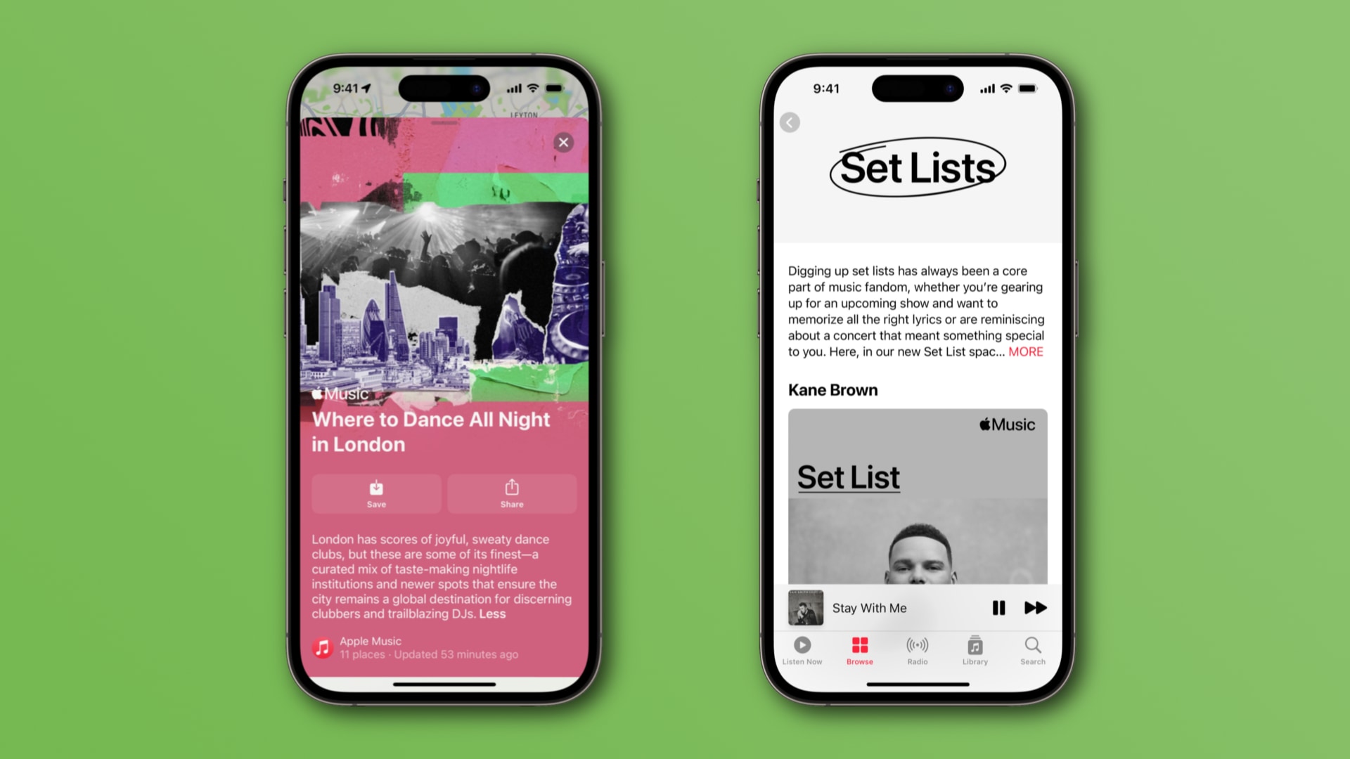 Two iPhone features showcasing concert discovery features on Apple Music and Maps