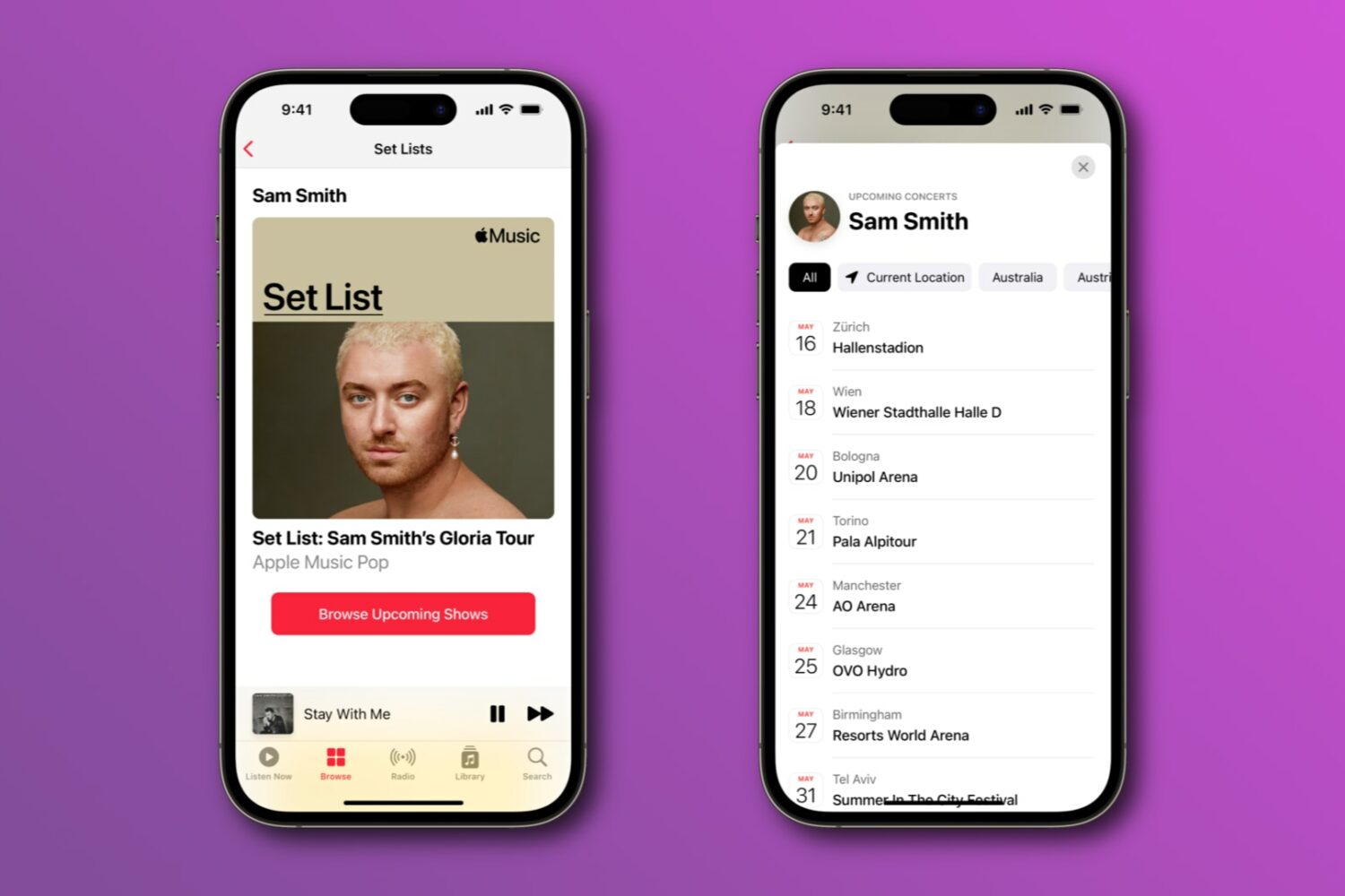 Set list and tour dates for Sam Smith's live concerts in the Music app on iPhone