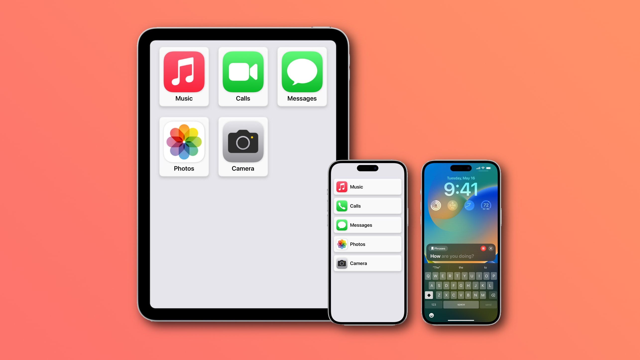 iPhone and iPad showcasing the grid and list-based Home Screen views in iOS 17's Assistive Access feature