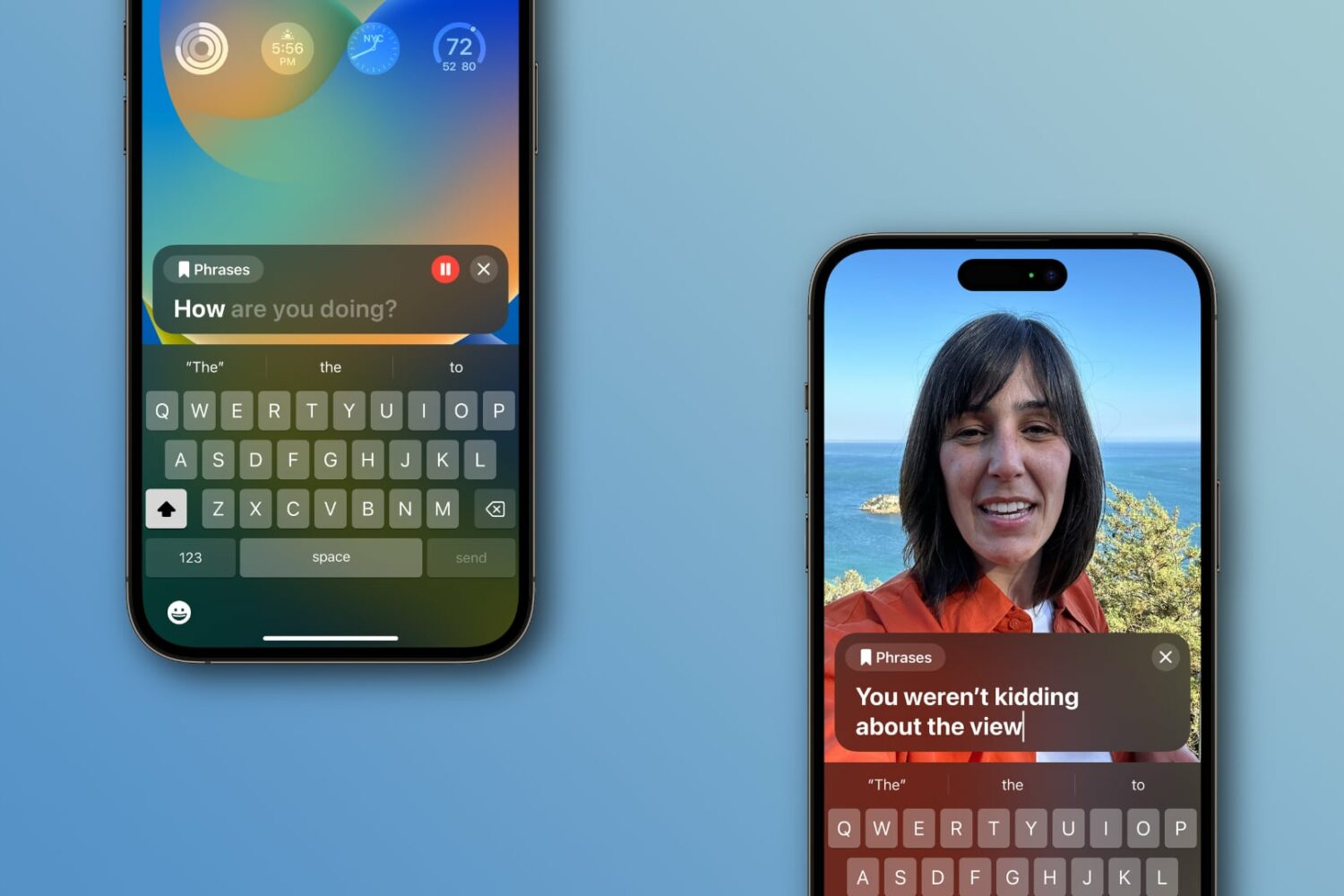 Two iPhones showcasing Live Speech with Personal Voice on the Lock Screen and in the FaceTime app