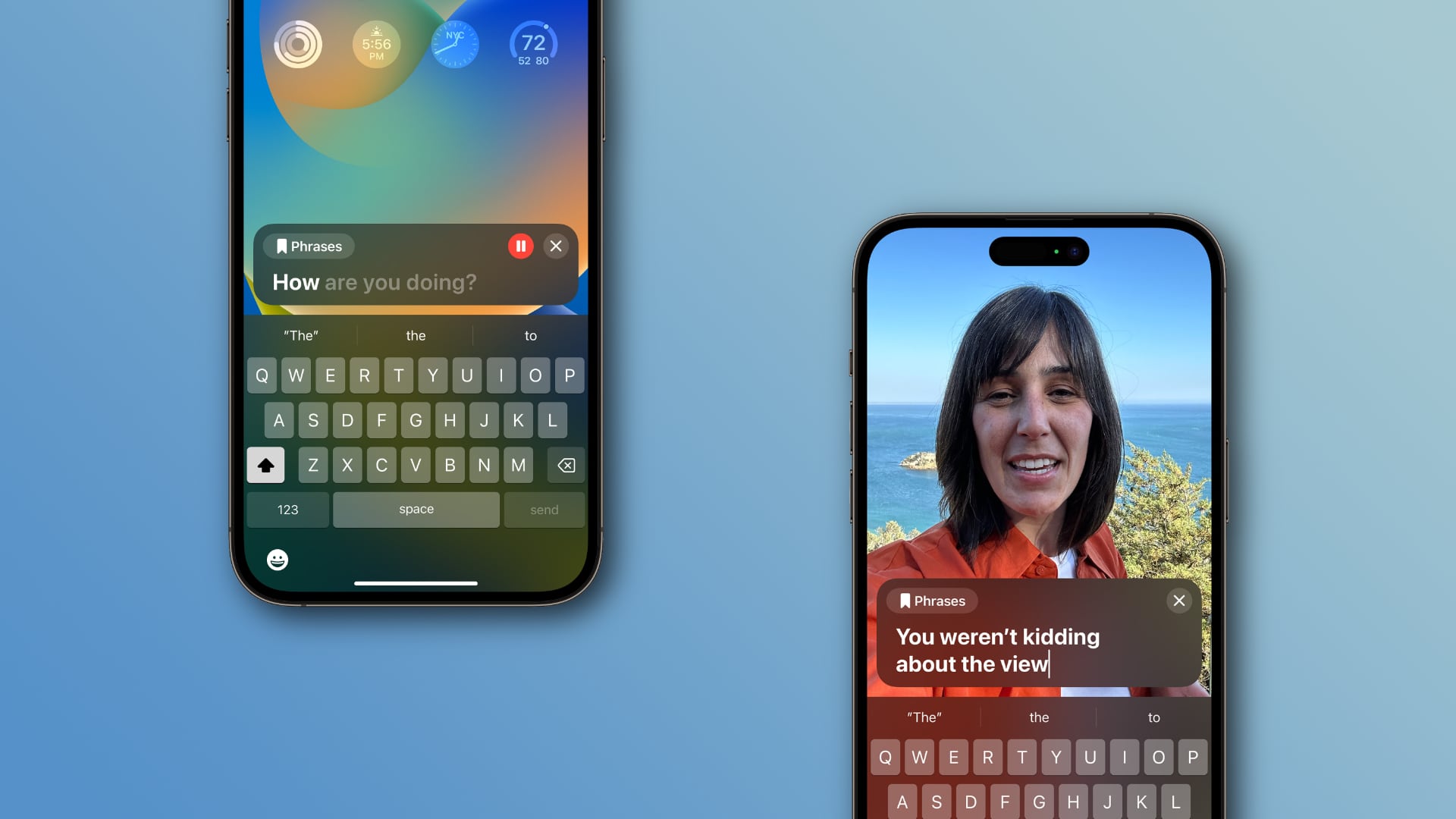 Two iPhones showcasing Live Speech with Personal Voice on the Lock Screen and in the FaceTime app
