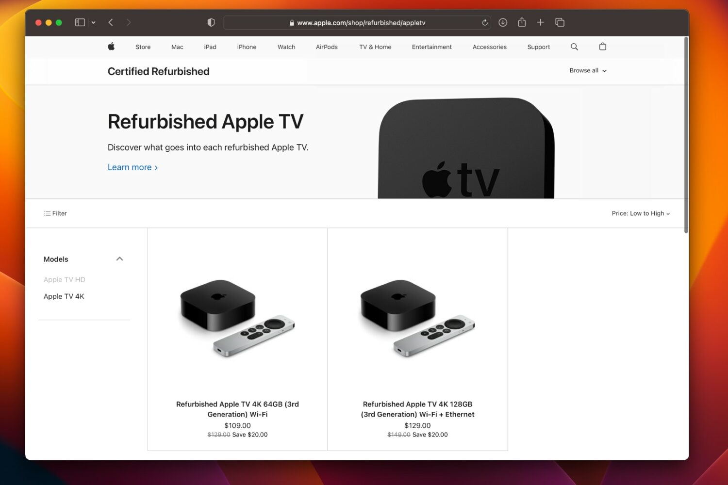 Safari for Mac displaying the Apple TV 4K on Apple's refurbished online store