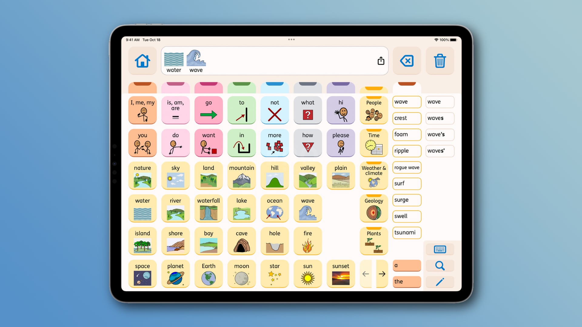 iPad screenshot showcasing AssistiveWare's Proloquo AAC app 