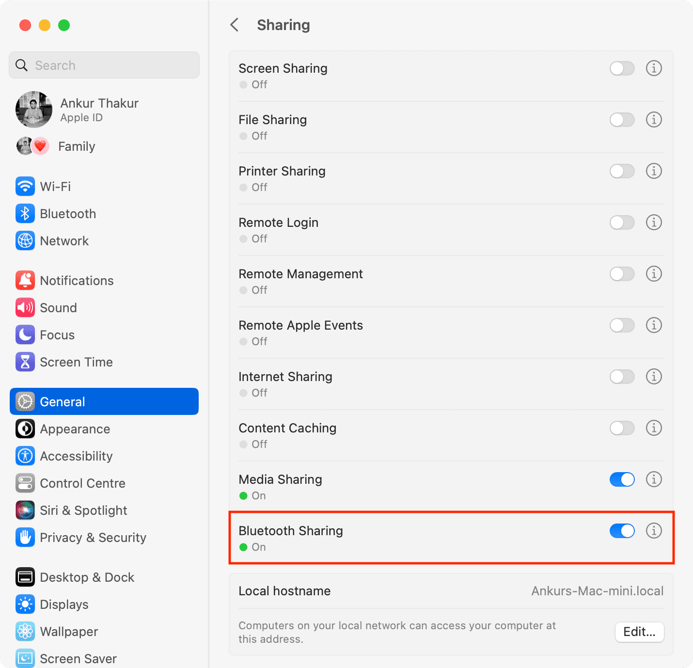 Bluetooth Sharing enabled in Mac System Settings