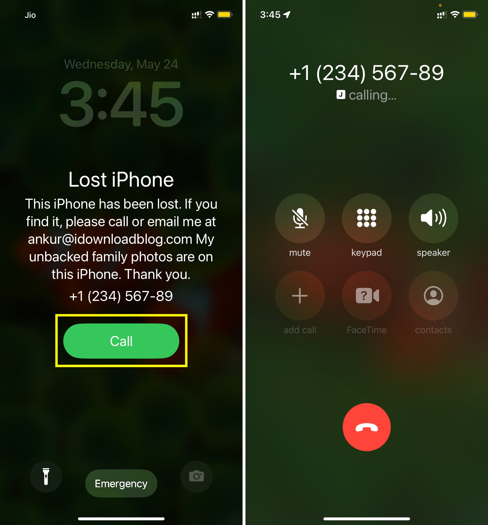 Call button on the lost iPhone Lock Screen to reach the original owner